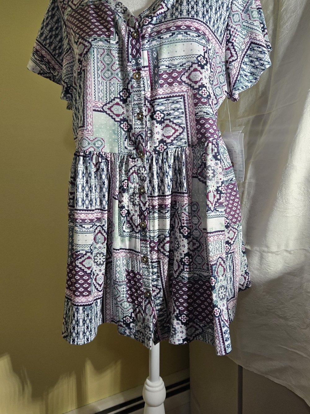 Boho Patchwork Print Peplum Top Short Sleeve Button Up V-Neck Tunic XL